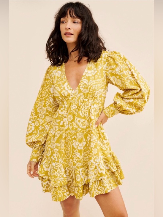 Maeve Dresses & Skirts - Maeve Yellow Floral Mini Dress S Boho Puff Sleeve V Neck Ruffle